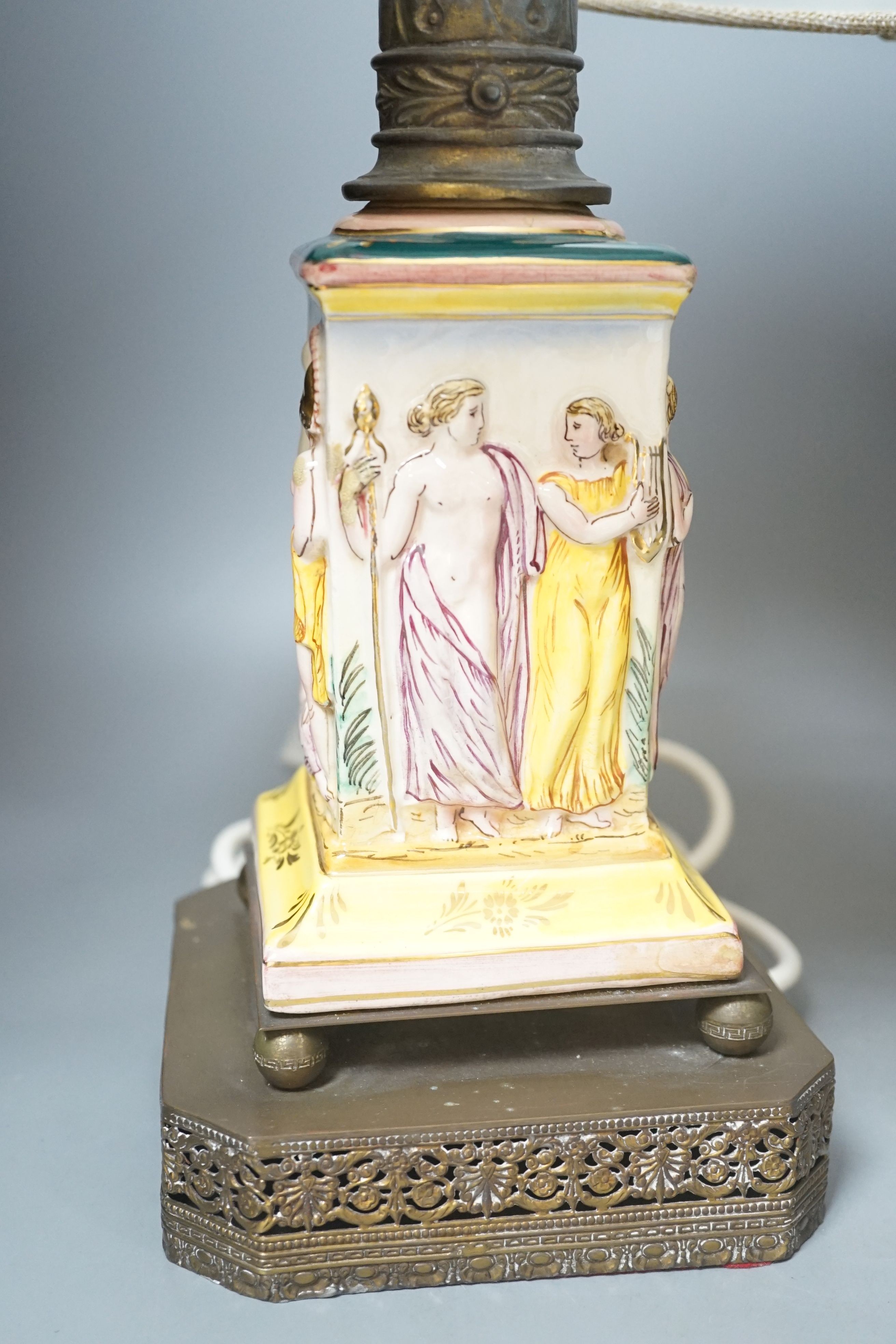 A pair Capodimonte style lamps and shades, 44cm total height 44cm